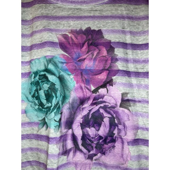 Womens Nicole Miller Short Sleeve Shirt Purple Gray Stripe Flower Top XL - Picture 2 of 8